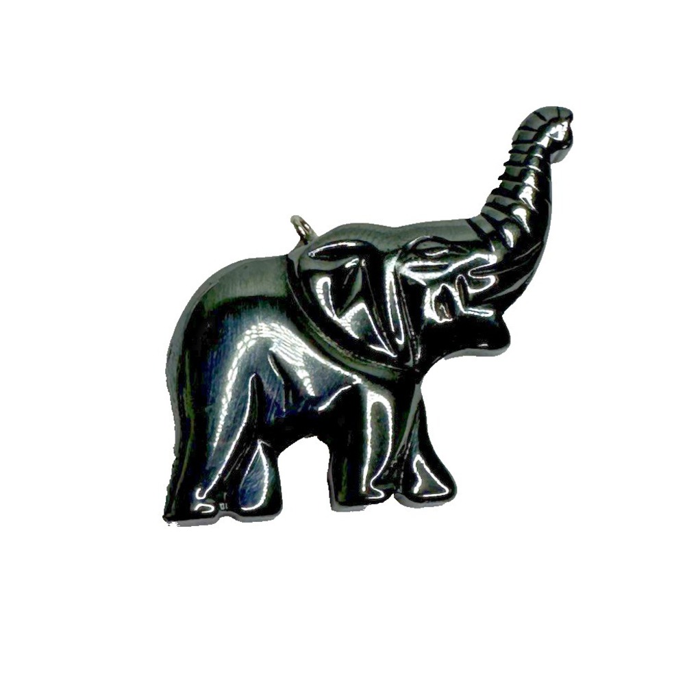 Hematite Elephant Pendant Carved Solid Stone Charm Trunk Up Good Luck